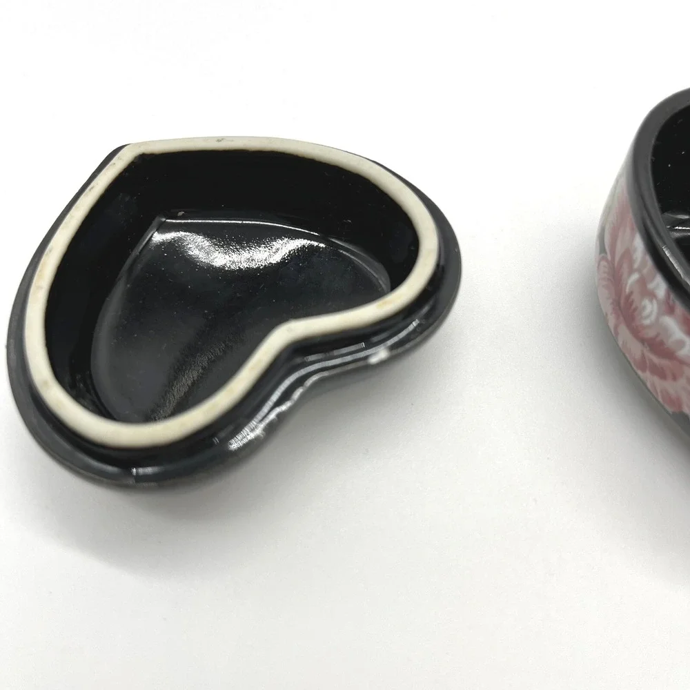 Otagiri Tavistock Floral Garden Heart Trinket Box Black Pink Roses Hinged Lid‎